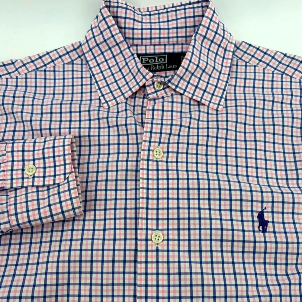 Polo Ralph Lauren Mens Pink Navy‎ Blue Check Button Down Shirt Cotton Size M